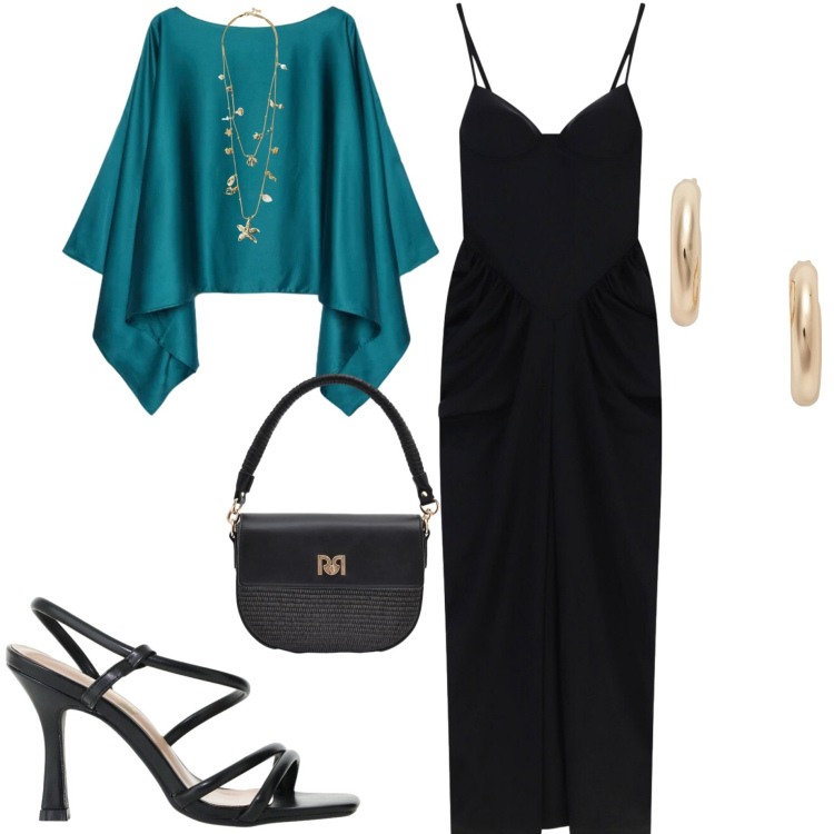 Outfit donna - Cerimonia al tramonto. Stile Chic per Cerimonia. Abbinamento con borse a spalla, vestiti lunghi, sandali col tacco, collane, cappe, orecchini.