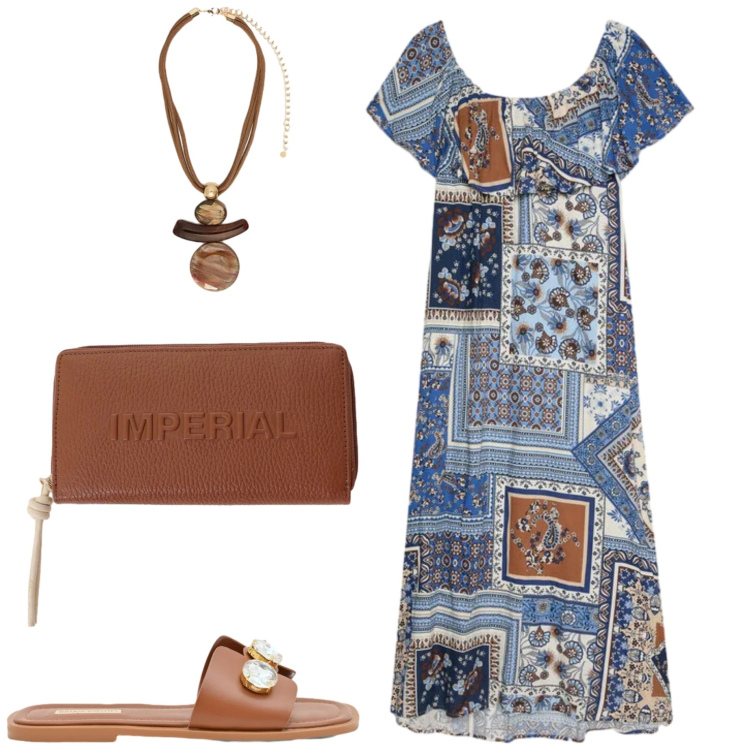 Outfit donna - Tutti i giorni. Stile Basic per Tutti i giorni. Abbinamento con sandali gioiello, portafogli, vestiti lunghi, ciondoli.