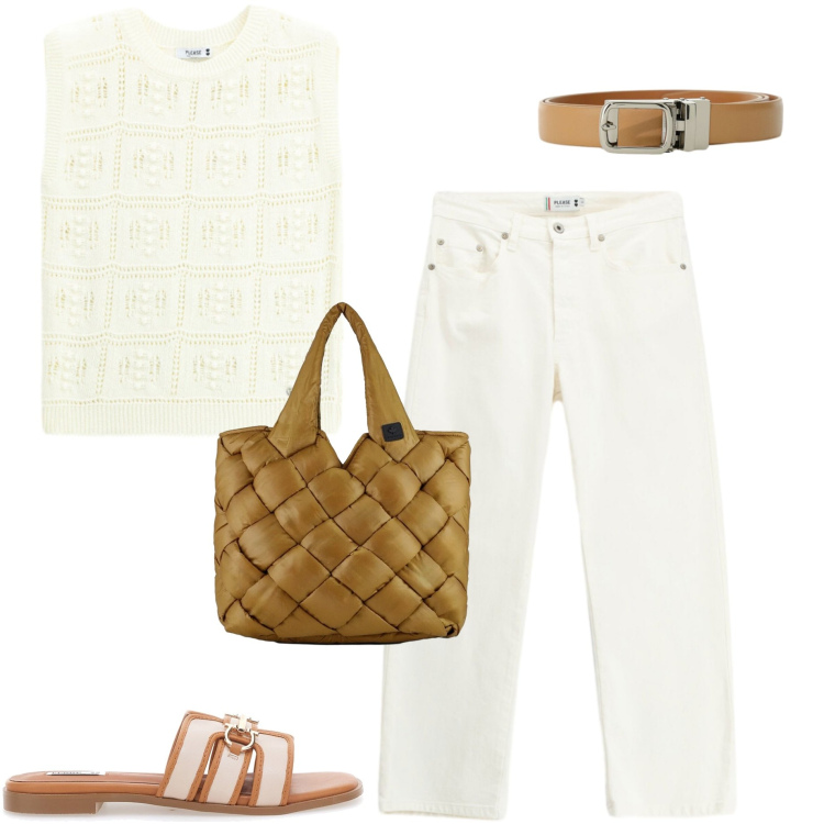 Outfit donna - Bianco e cuoio. Stile Casual chic per Ufficio. Abbinamento con cinture, maglieria, pantaloni, borse tote, ciabatte.