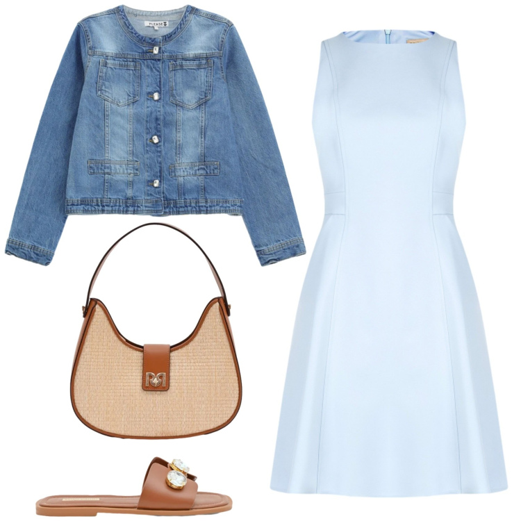 Outfit donna - Sere d\'estate. Stile Casual chic per Serata fuori. Abbinamento con borse a spalla, vestiti corti, sandali gioiello, blazer.
