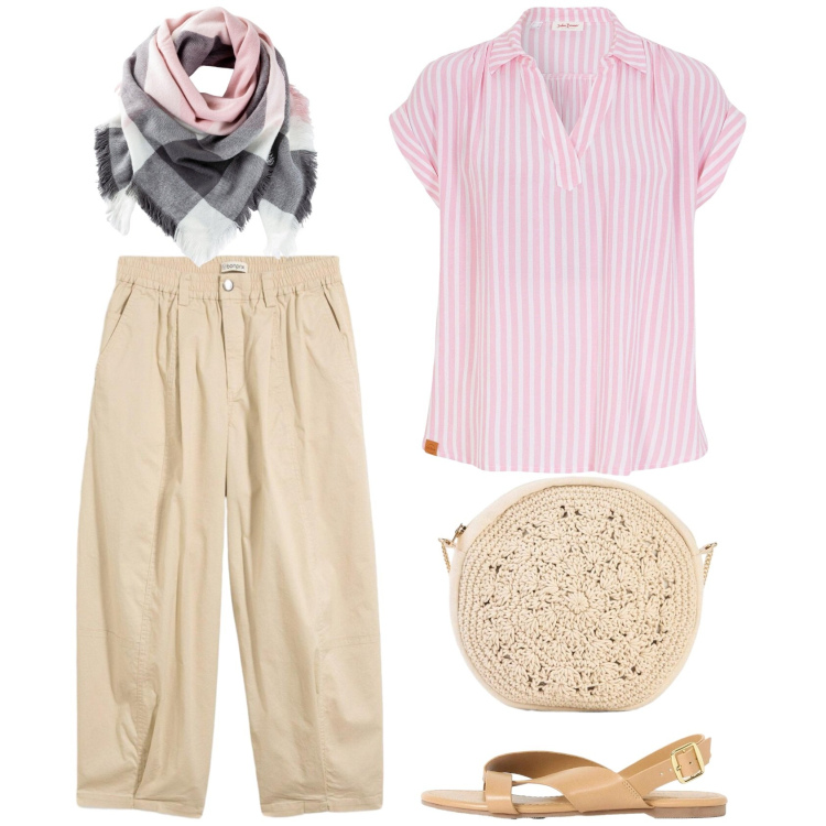 Outfit donna - Alla partita di calcetto. Stile Casual per Serata fuori. Abbinamento con bluse, pantaloni, foulard, borse a tracolla, sandali.