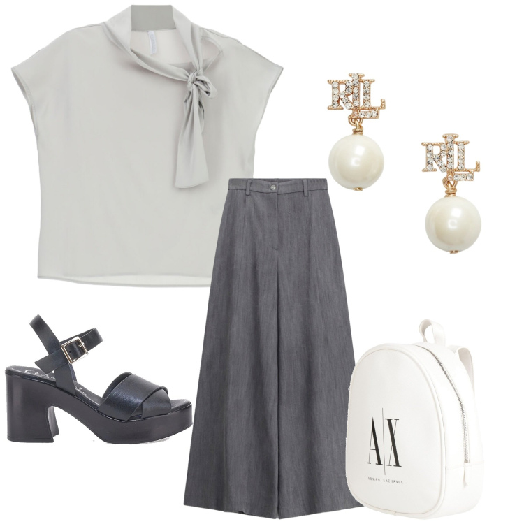 Outfit donna - Total look #2415199. Stile Romantica per Ufficio. Abbinamento con zaini, pantaloni a palazzo, canottiere, orecchini, sandali col tacco.