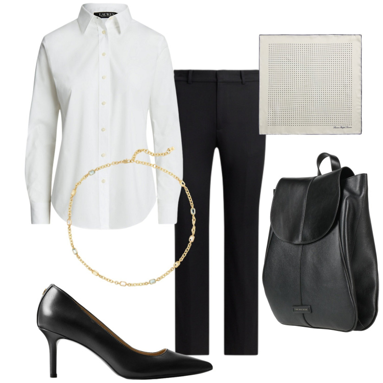 Outfit donna - Congresso. Stile Basic per Ufficio. Abbinamento con zaini, camicie, foulard, décolleté, pantaloni, collane.