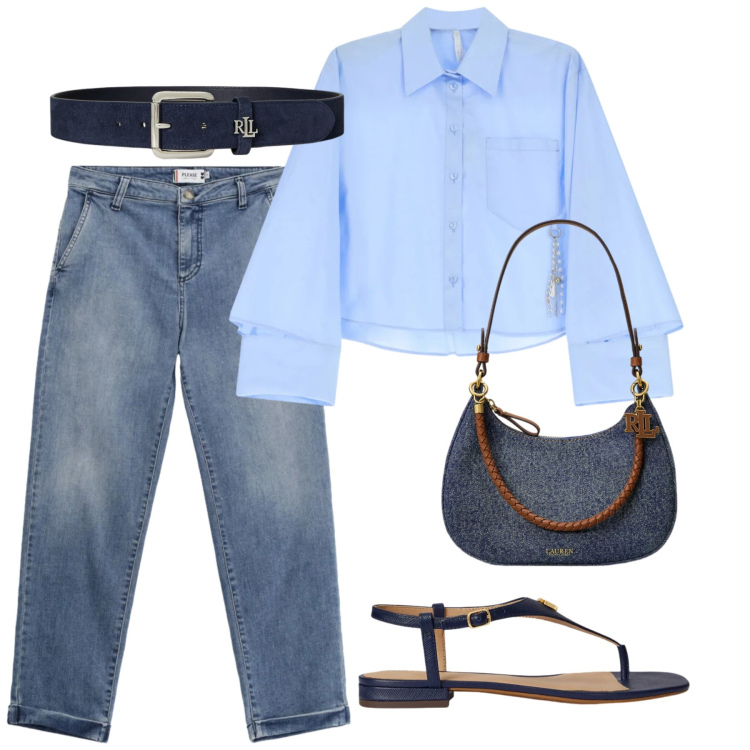 Outfit donna - Total look #2415202. Stile Basic per Ufficio. Abbinamento con camicie, jeans, sandali in pelle, borse a spalla, cinture.