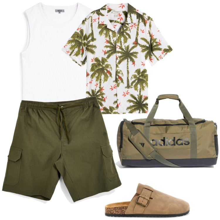 Outfit uomo - Week end. Stile Trendy per Mare. Abbinamento con camicie a manica corta, borse sportive, bermuda, sandali, canottiere.