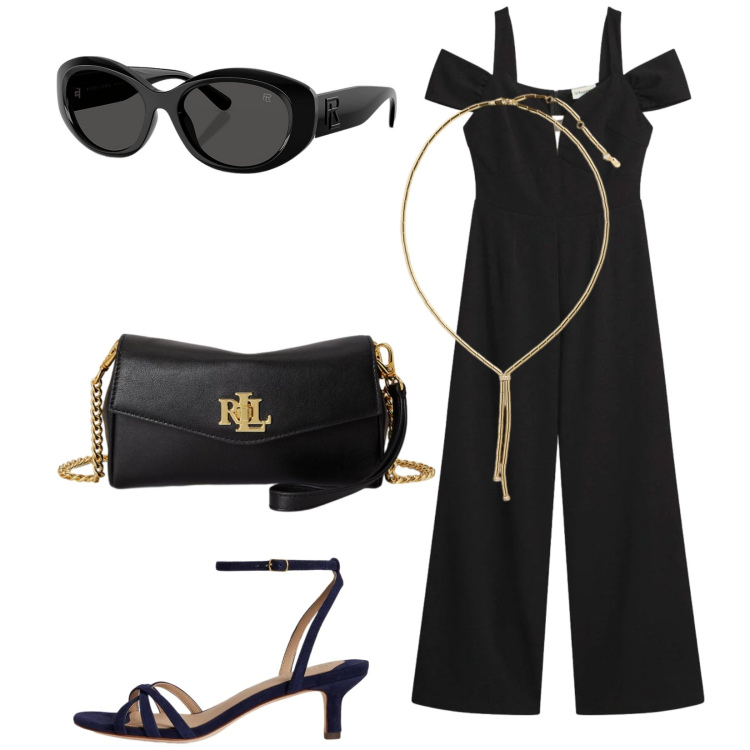 Outfit donna - Cerimonia a giugno. Stile Chic per Cerimonia. Abbinamento con tute, collane, occhiali da sole, sandali col tacco, portafogli.