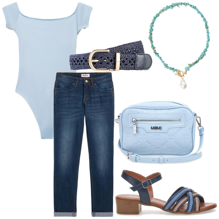 Outfit donna - Total look #2415207. Stile Casual per Tutti i giorni. Abbinamento con jeans dritti, cinture, canottiere, collane, sandali col tacco, borse a tracolla.