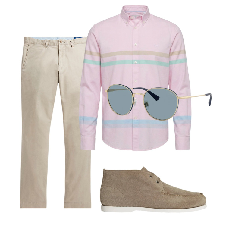 Outfit uomo - Uscire a giugno. Stile Trendy per Tutti i giorni. Abbinamento con camicie, pantaloni, scarpe stringate, occhiali da sole.