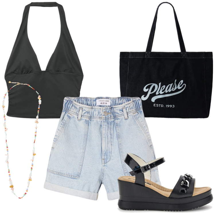 Outfit donna - Total look #2415213. Stile Basic per Mare. Abbinamento con shorts, top, collane, shopping bag, zeppe.