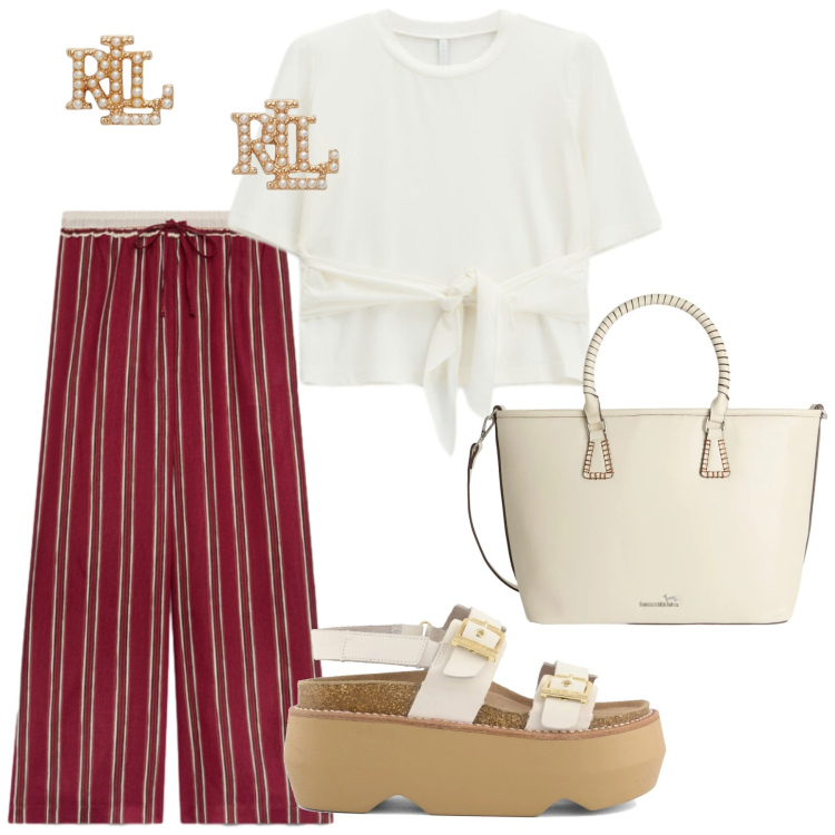 Outfit donna - Total look #2415215. Stile Etnico per Tutti i giorni. Abbinamento con t-shirt, shopping bag, pantaloni, orecchini, zeppe.