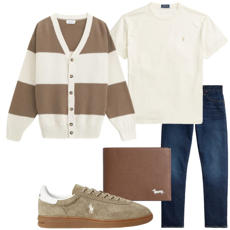 Outfit uomo - Total look #2415217. Stile Casual per Tutti i giorni. Abbinamento con cardigans, portafogli, t-shirt, sneakers, jeans.