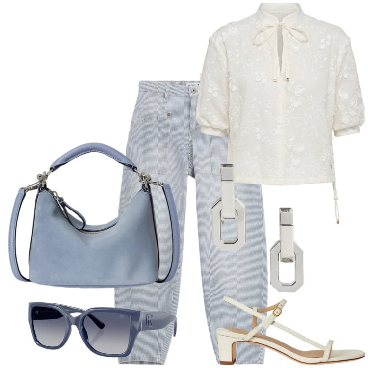 Outfit donna - Total look #2415226. Stile Casual per Serata fuori. Abbinamento con bluse, jeans, orecchini, occhiali da sole, sandali in pelle, borse a spalla.