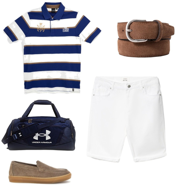 Outfit uomo - In barca. Stile Trendy per Mare. Abbinamento con bermuda, cinture, scarpe stringate, borse sportive, polo.
