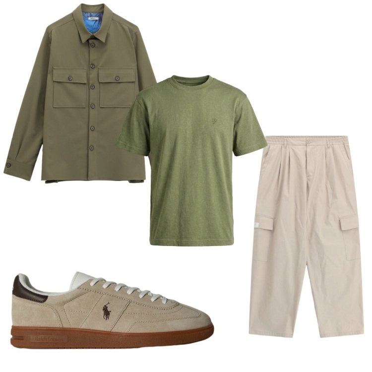 Outfit uomo - Camicia verde militare. Stile Casual per Tutti i giorni. Abbinamento con camicie, pantaloni cargo, t-shirt, sneakers.