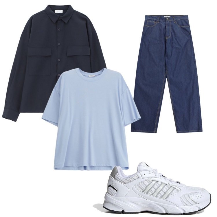 Outfit uomo - Camicia blu. Stile Casual per Tutti i giorni. Abbinamento con t-shirt, camicie, jeans, sneakers.