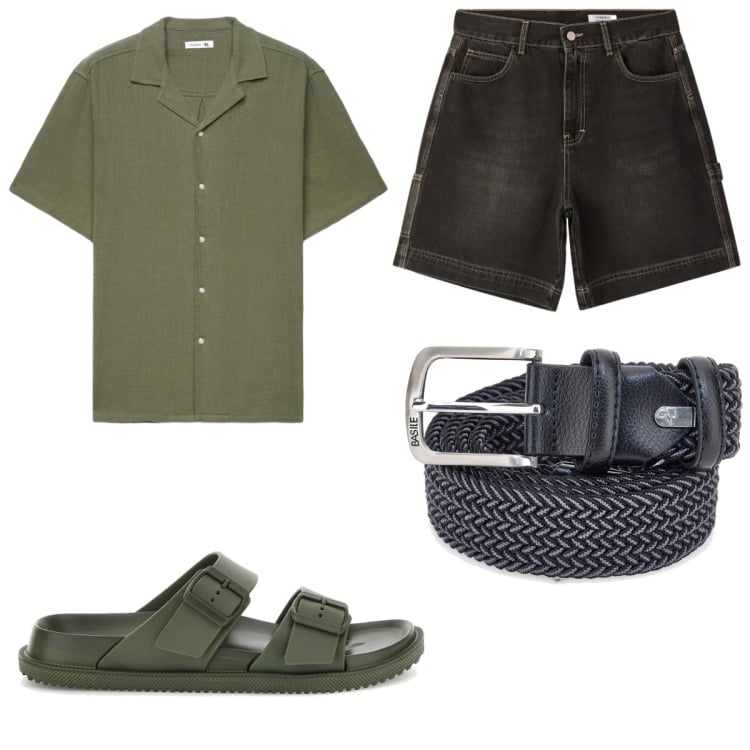 Outfit uomo - Verde. Stile Trendy per Tutti i giorni. Abbinamento con bermuda, camicie a manica corta, cinture, sandali.