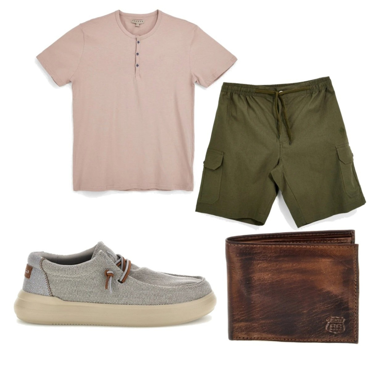 Outfit uomo - T shirt sabbia. Stile Casual per Tutti i giorni. Abbinamento con t-shirt, portafogli, bermuda, scarpe stringate.