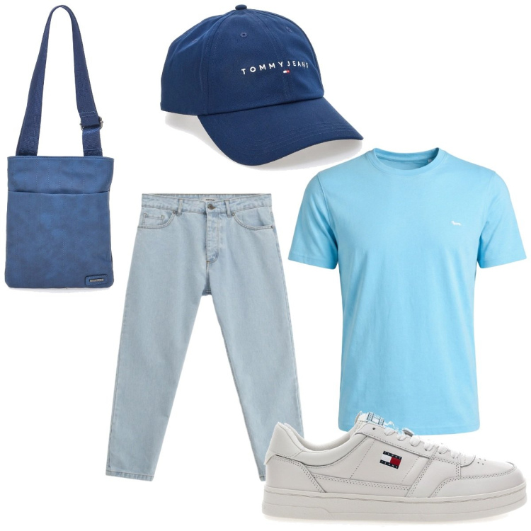Outfit uomo - Azzurro. Stile Casual per Tutti i giorni. Abbinamento con jeans, t-shirt, sneakers, portafogli, cappelli con visiera.