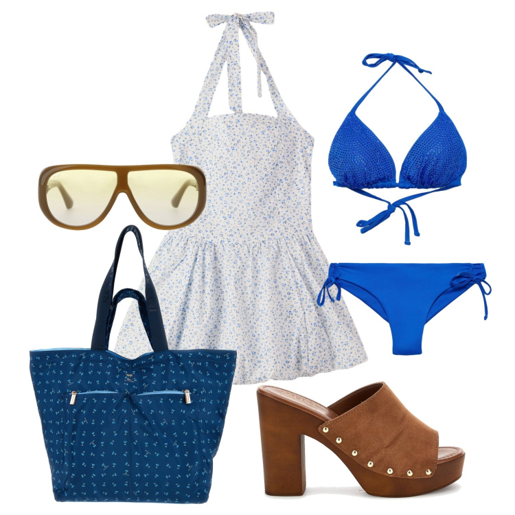 Outfit donna - Giugno. Stile Romantica per Mare. Abbinamento con vestiti corti, bikini, bikini, occhiali da sole, sandali col tacco, shopping bag.