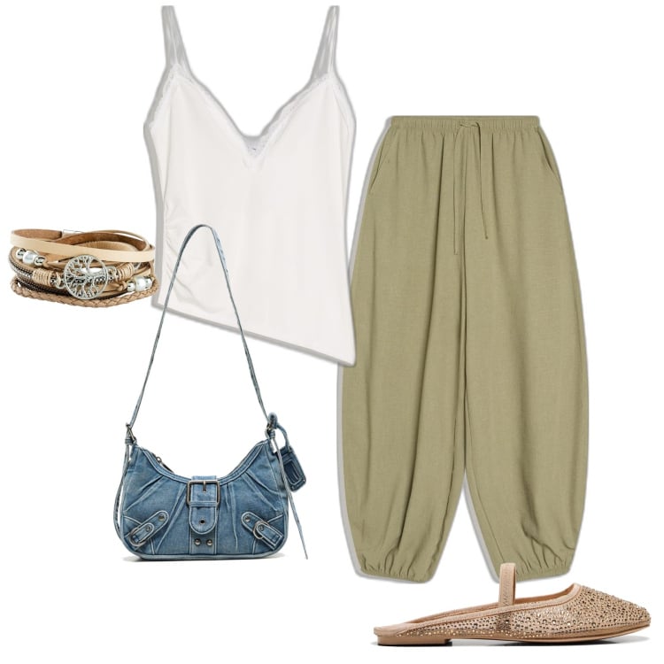 Outfit mujer - Boho #921. Estilo Boho para Todos los días. Combinación con pulseras, bailarinas, pantalones, top, bandoleras.