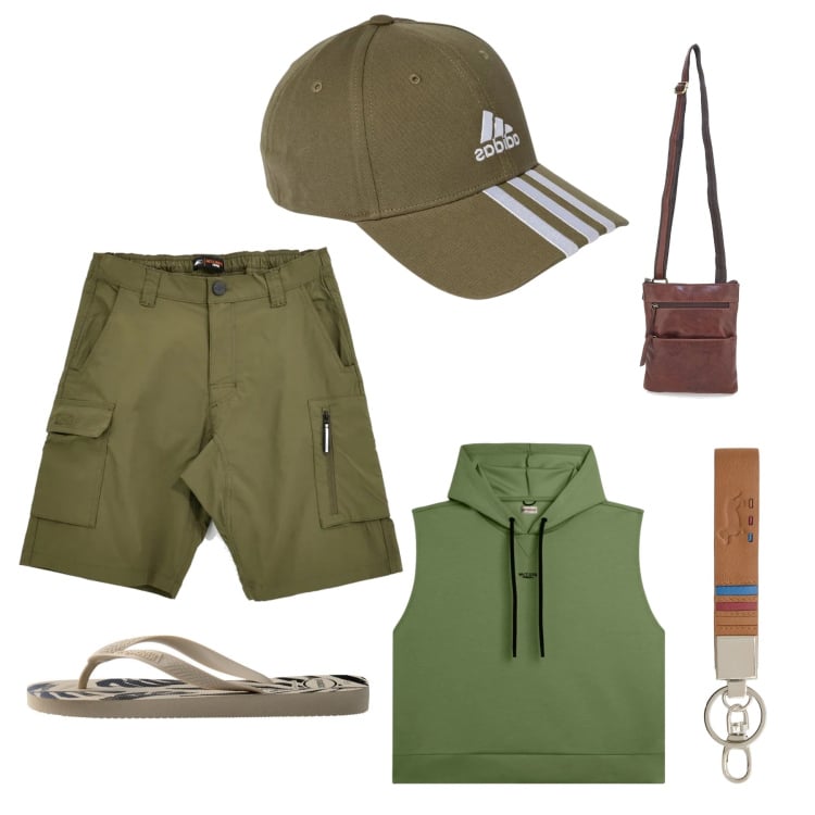 Outfit uomo - Mediterraneo. Stile Trendy per Tutti i giorni. Abbinamento con portachiavi, felpe con cappuccio, cappelli con visiera, portafogli, sandali, bermuda.