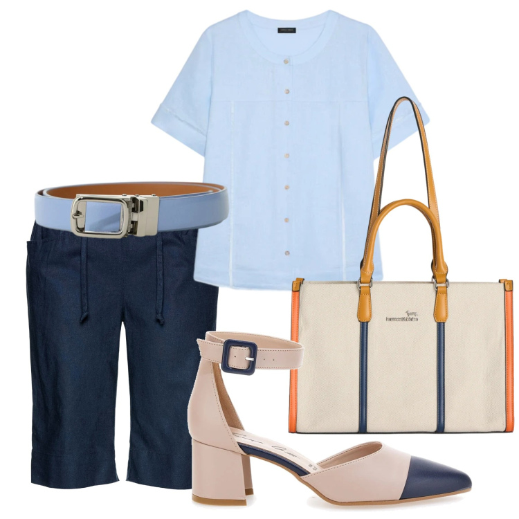 Outfit donna - Blu lino. Stile Bon Ton per Tutti i giorni. Abbinamento con bermuda, cinture, borse tote, camicie a manica corta, décolleté.