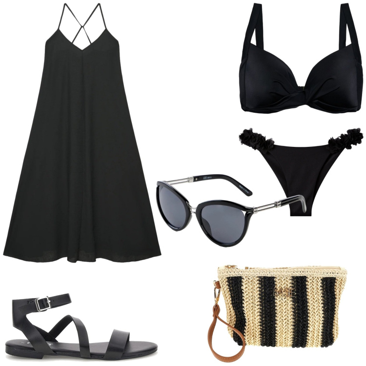 Outfit donna - Weekend al mare. Stile Chic per Tutti i giorni. Abbinamento con occhiali da sole, bikini, vestiti lunghi, bikini, pochette, sandali.