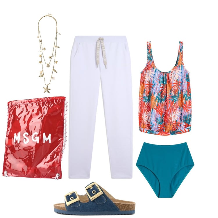 Outfit donna - Oggi, giornata al mare !. Stile Glamour per Mare. Abbinamento con zaini, costumi interi, collane, pantaloni, sandali in pelle.