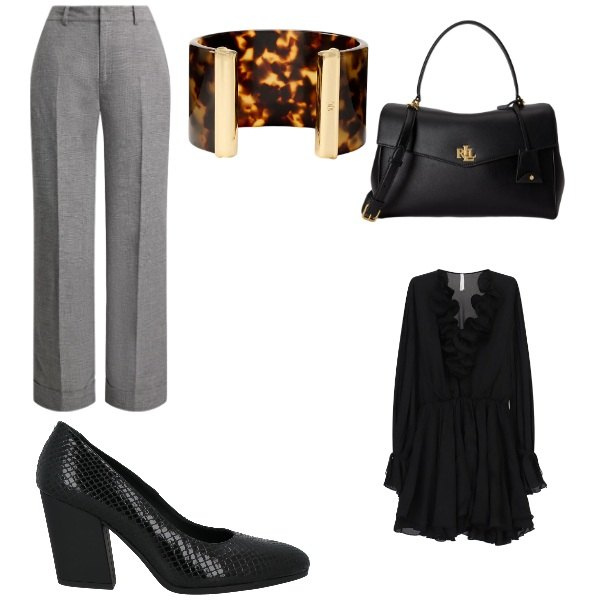 Outfit donna - andando al lavoro. Stile Casual per Tutti i giorni. Abbinamento con vestiti corti, borse a mano, braccialetti, pantaloni, décolleté.