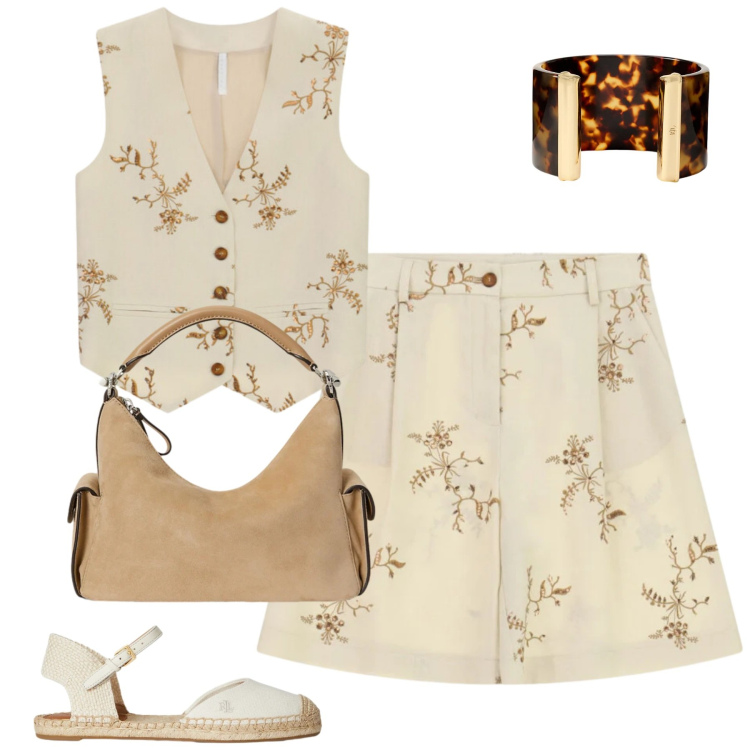 Outfit donna - In città. Stile Urban per Tutti i giorni. Abbinamento con top, bermuda, gilet, braccialetti, espadrillas, borse a spalla.