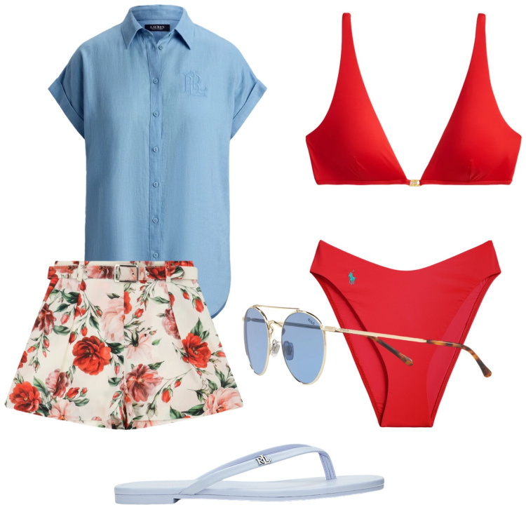 Outfit donna - In Versilia. Stile Chic per Mare. Abbinamento con shorts, ciabatte, bikini, bikini, occhiali da sole, camicie a manica corta.