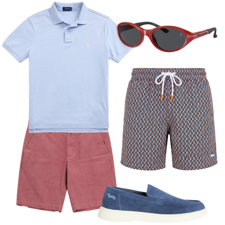Outfit uomo - Total look #2415255. Stile Casual per Mare. Abbinamento con bermuda, scarpe stringate, costumi, polo, occhiali da sole.