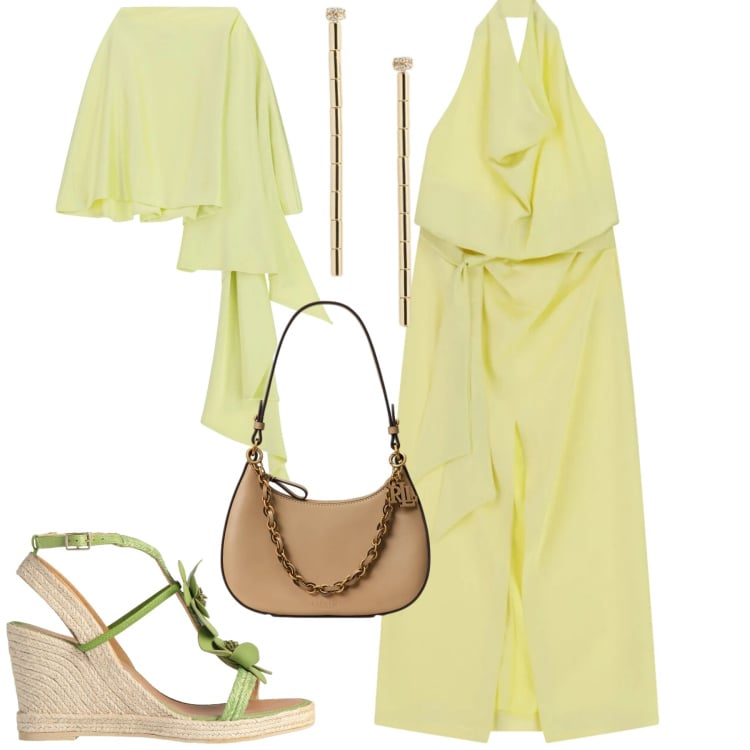 Outfit donna - Giugno. Stile Trendy per Serata fuori. Abbinamento con espadrillas, vestiti lunghi, scialli, borse a spalla, orecchini.