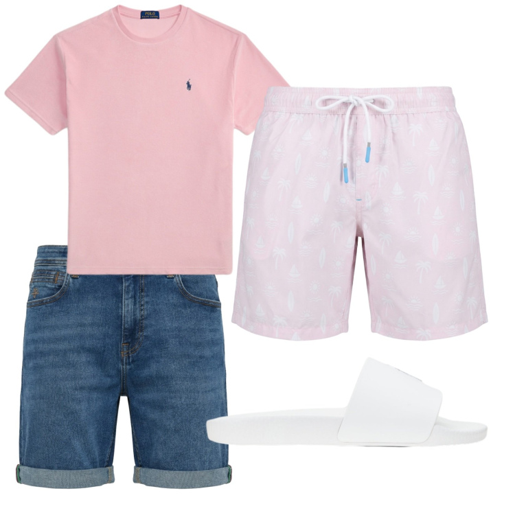 Outfit uomo - Total look #2415258. Stile Casual per Mare. Abbinamento con costumi, bermuda, sandali, t-shirt.