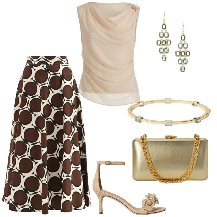 Outfit donna - Total look #2415260. Stile Chic per Cerimonia. Abbinamento con top, gonne lunghe, sandali in pelle, clutch, orecchini, braccialetti.