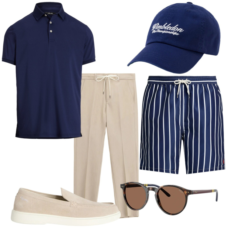 Outfit uomo - Stile al mare. Stile Trendy per Mare. Abbinamento con pantaloni, scarpe stringate, costumi, polo, occhiali da sole, cappelli con visiera.