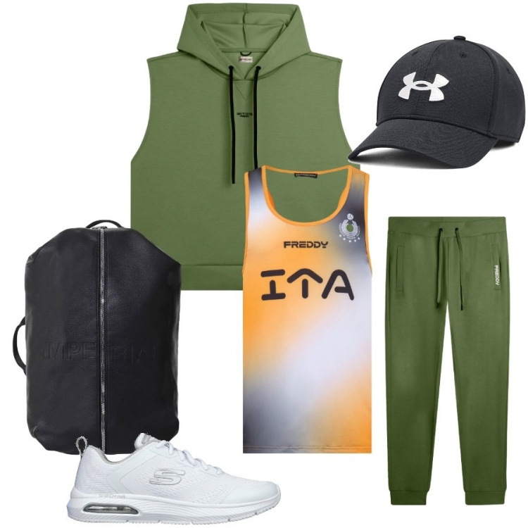 Outfit uomo - Total look #2415264. Stile Casual per Sport. Abbinamento con borse sportive, pantaloni, t-shirt sportive, felpe con cappuccio, cappelli, scarpe sportive.