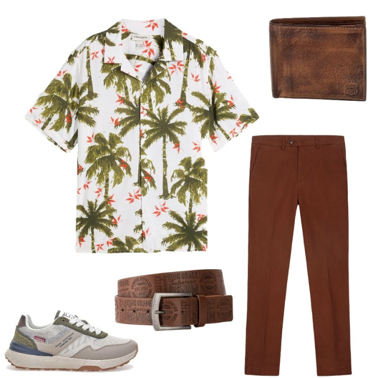 Outfit uomo - Total look #2415269. Stile Urban per Tutti i giorni. Abbinamento con cinture, camicie a manica corta, pantaloni chino, sneakers, portafogli.