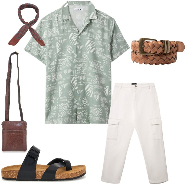 Outfit uomo - Total look #2415274. Stile Casual per Tutti i giorni. Abbinamento con camicie a manica corta, pantaloni cargo, sciarpe e foulard, cinture, borse sportive, sandali.