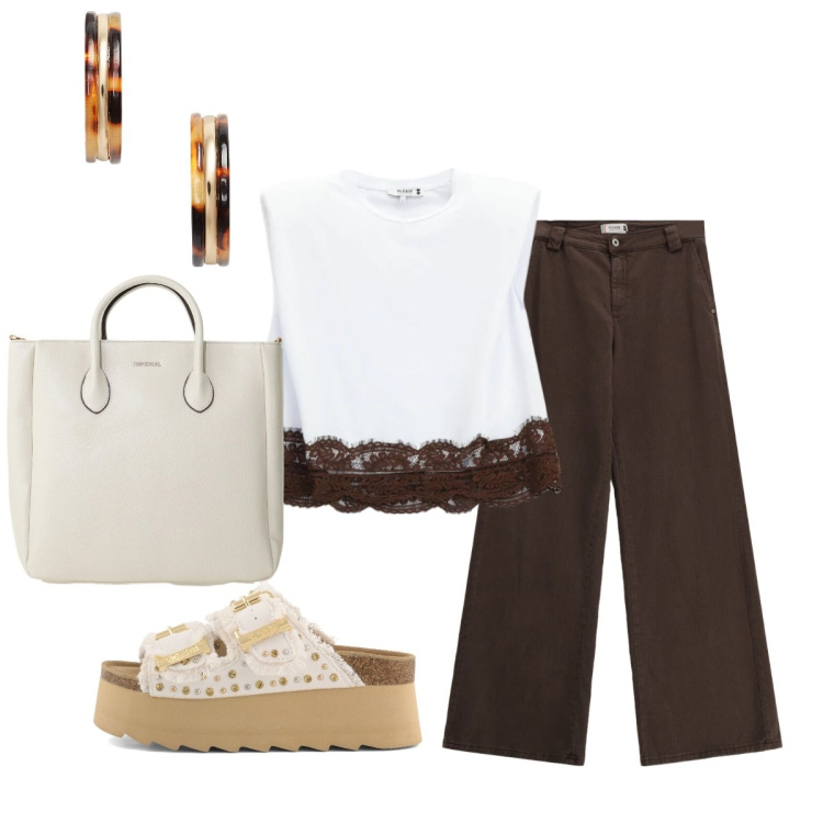 Outfit donna - In città. Stile Chic per Tutti i giorni. Abbinamento con borse a tracolla, top, pantaloni a palazzo, orecchini, zeppe.