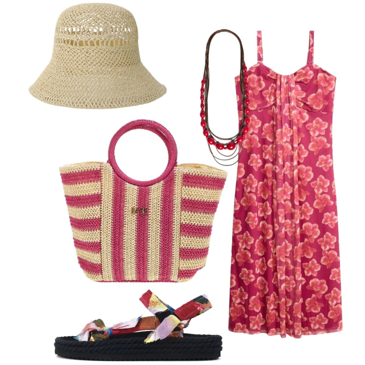 Outfit donna - Total look #2415276. Stile Glamour per Tutti i giorni. Abbinamento con vestiti lunghi, cappelli, collane, sandali, borse a mano.