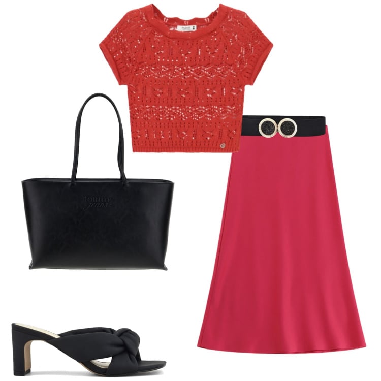 Outfit donna - Colori d\'estate. Stile Casual chic per Ufficio. Abbinamento con cinture, gonne longuette, top, sandali col tacco, borse a spalla.