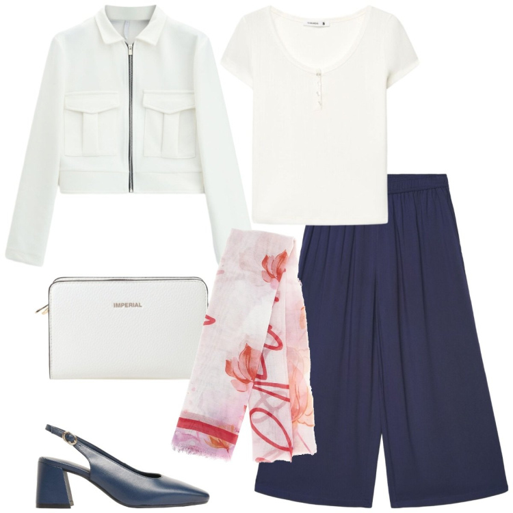 Outfit donna - Prime sere d\'estate. Stile Casual chic per Serata fuori. Abbinamento con décolleté, pantaloni a palazzo, t-shirt, cappotti, borse a tracolla, foulard.