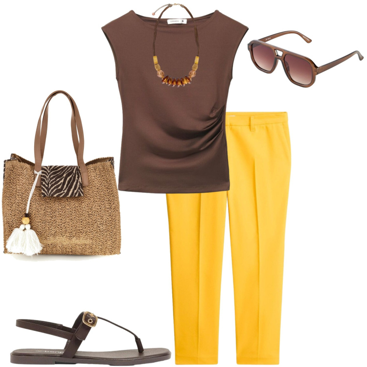Outfit donna - Colori d\'estate. Stile Casual chic per Ufficio. Abbinamento con pantaloni, sandali, occhiali da sole, t-shirt, collane, borse a spalla.