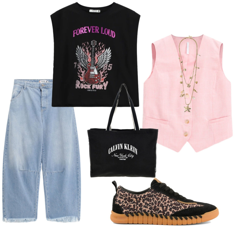 Outfit donna - Freschezza e brio. Stile Casual per Tutti i giorni. Abbinamento con collane, gilet, top, jeans, sneakers, borse a spalla.