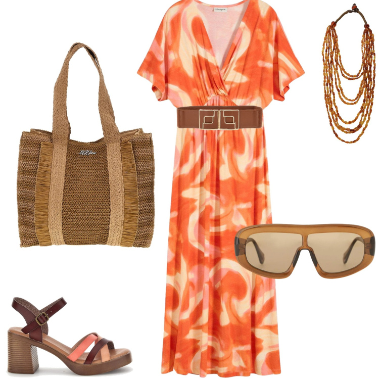 Outfit donna - Colori d\'estate. Stile Casual chic per Ufficio. Abbinamento con vestiti lunghi, occhiali da sole, collane, sandali col tacco, cinture, borse a spalla.