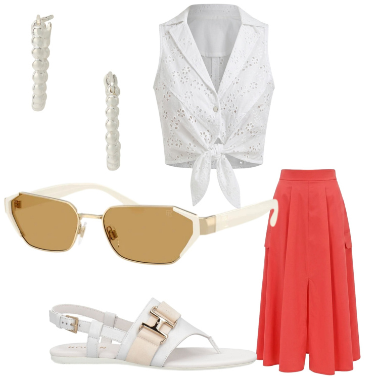 Outfit donna - Estate. Stile Boho per Serata fuori. Abbinamento con infradito, top, gonne lunghe, orecchini, occhiali da sole.