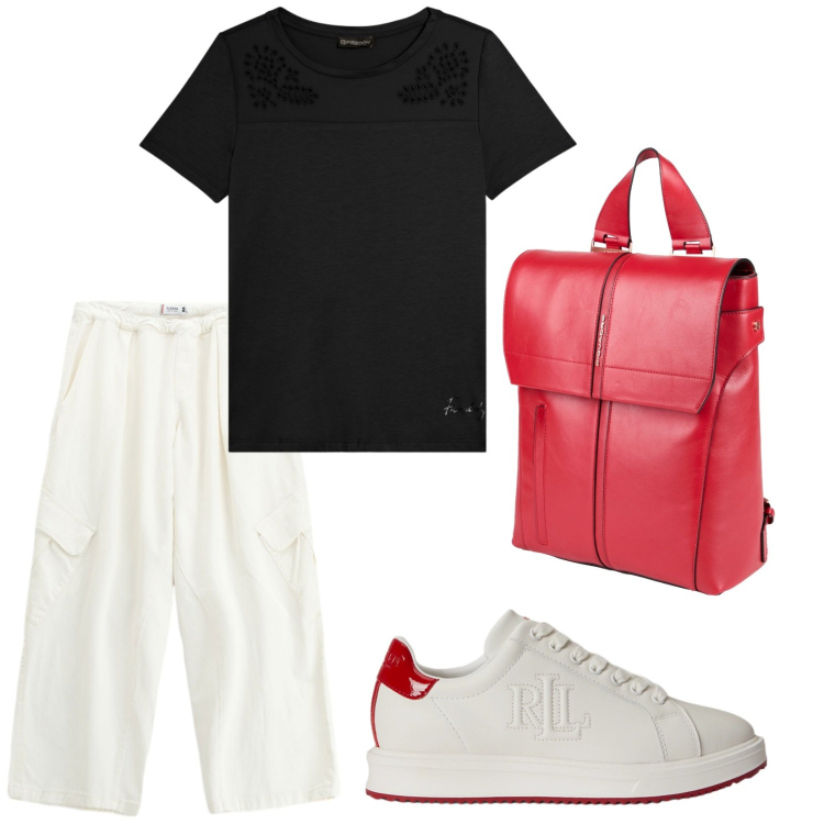 Outfit donna - Casual. Stile Casual per Tutti i giorni. Abbinamento con zaini, pantaloni a palazzo, t-shirt, sneakers.