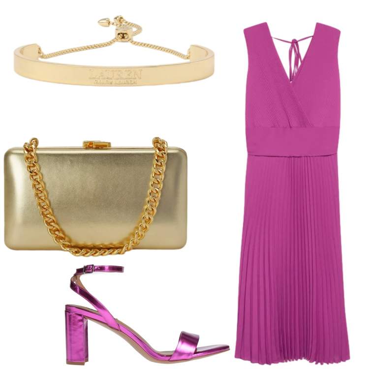 Outfit donna - Oro. Stile Chic per Serata fuori. Abbinamento con sandali in pelle, vestiti lunghi, clutch, braccialetti.