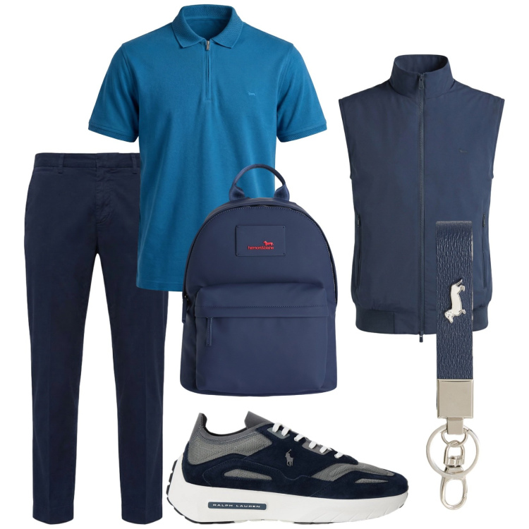 Outfit uomo - Total look #2415289. Stile Casual per Tutti i giorni. Abbinamento con borse sportive, portachiavi, polo, gilet, pantaloni chino, sneakers.